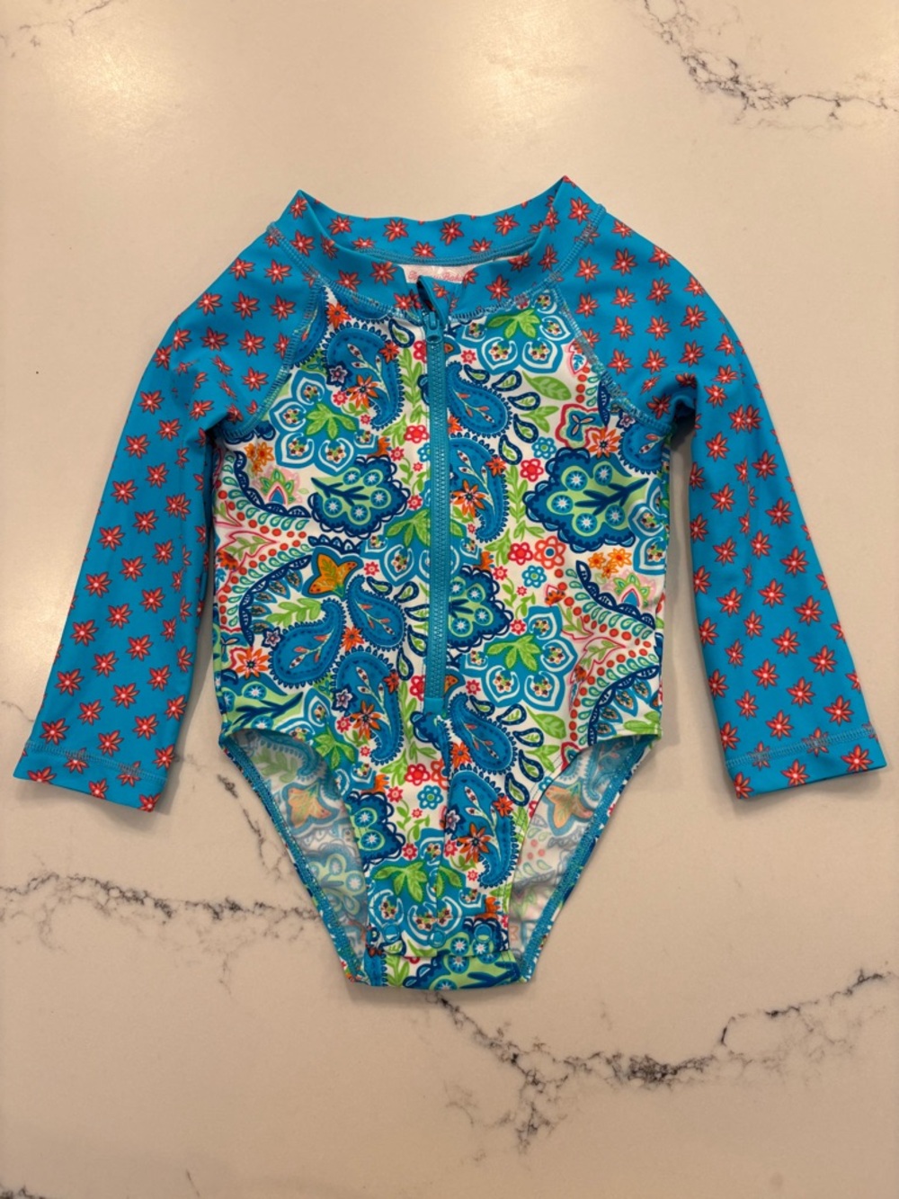 18-Mo Tommy Bahama Paisley Long-Sleeve Turquoise Rash Guard One Piece Swimwuit